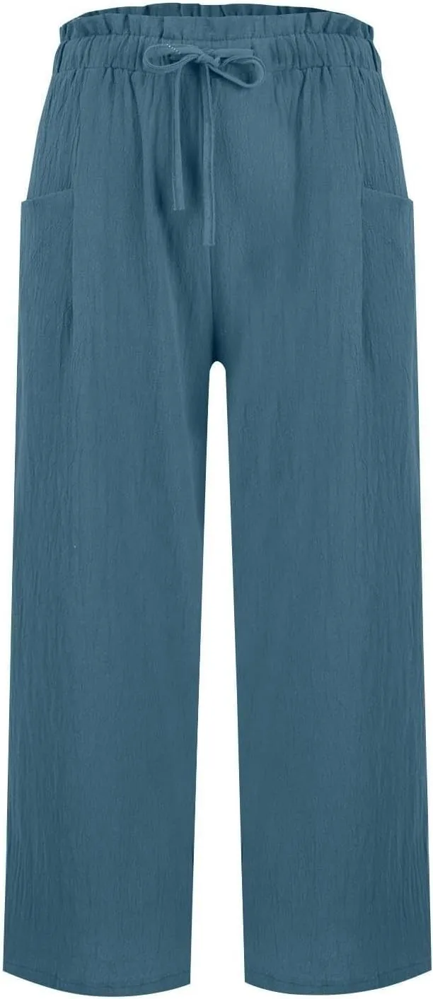 Linen Pants Women,Vacation Outfits Plus Size Beach Shorts Dressy Casual Trouser Gauze Spring Pants for Women