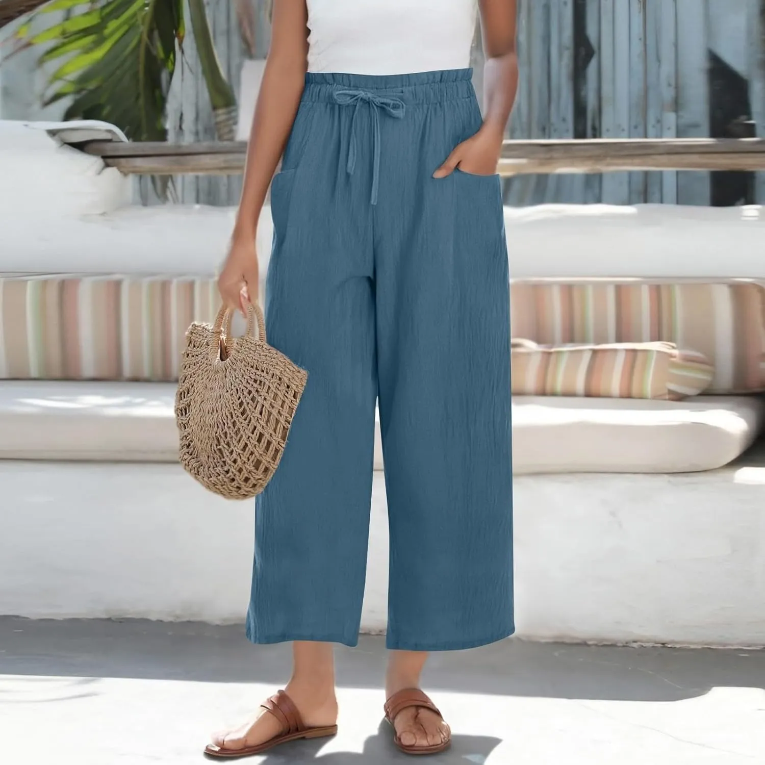 Linen Pants Women,Vacation Outfits Plus Size Beach Shorts Dressy Casual Trouser Gauze Spring Pants for Women