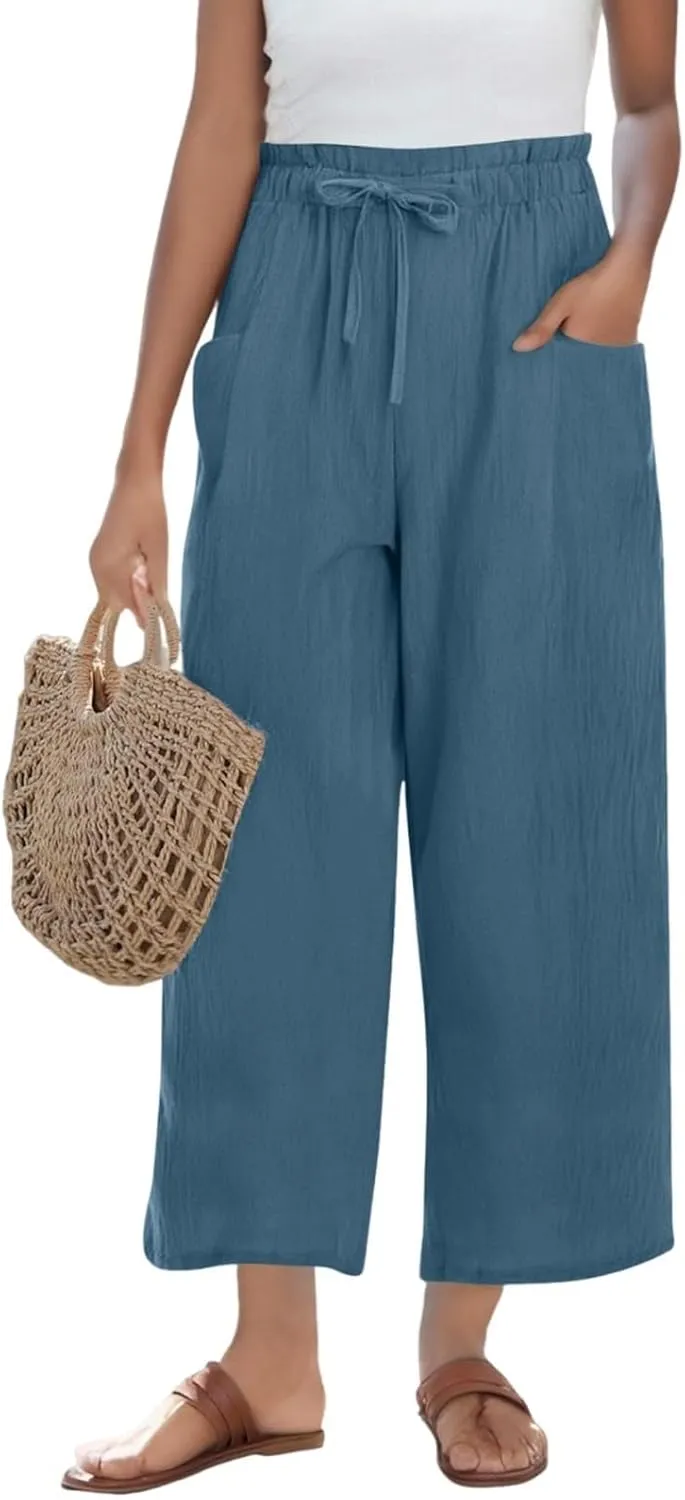 Linen Pants Women,Vacation Outfits Plus Size Beach Shorts Dressy Casual Trouser Gauze Spring Pants for Women
