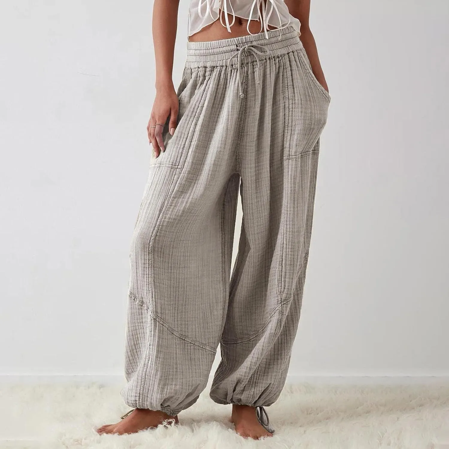 Litetao Wide Leg Pants Women Plus Size Comfy Hippie Harem Pants Baggy Linen High Waist Sweatpants Casual Trouser with Pockets