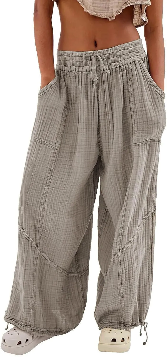 Litetao Wide Leg Pants Women Plus Size Comfy Hippie Harem Pants Baggy Linen High Waist Sweatpants Casual Trouser with Pockets