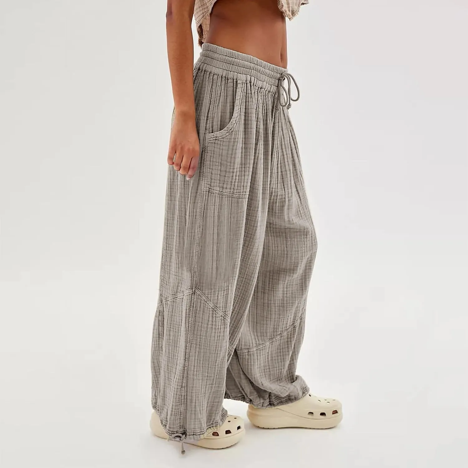 Litetao Wide Leg Pants Women Plus Size Comfy Hippie Harem Pants Baggy Linen High Waist Sweatpants Casual Trouser with Pockets