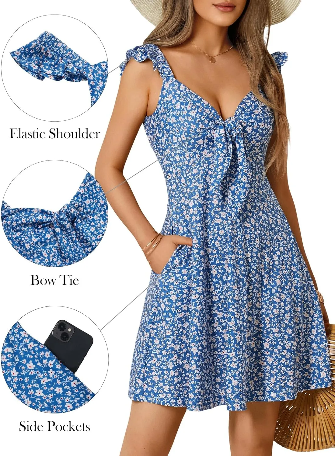 Loemes Women's Summer Casual Floral V Neck Sundresses with Pockets Cute Bow Tie Beach High Waist A-Line Mini Dress