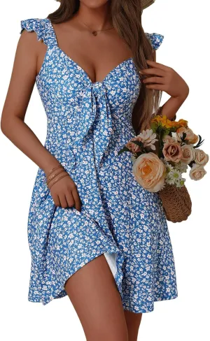 Loemes Women's Summer Casual Floral V Neck Sundresses with Pockets Cute Bow Tie Beach High Waist A-Line Mini Dress