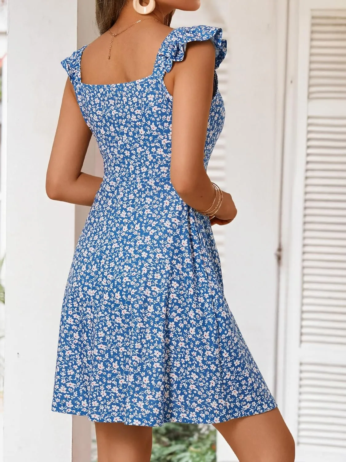 Loemes Women's Summer Casual Floral V Neck Sundresses with Pockets Cute Bow Tie Beach High Waist A-Line Mini Dress