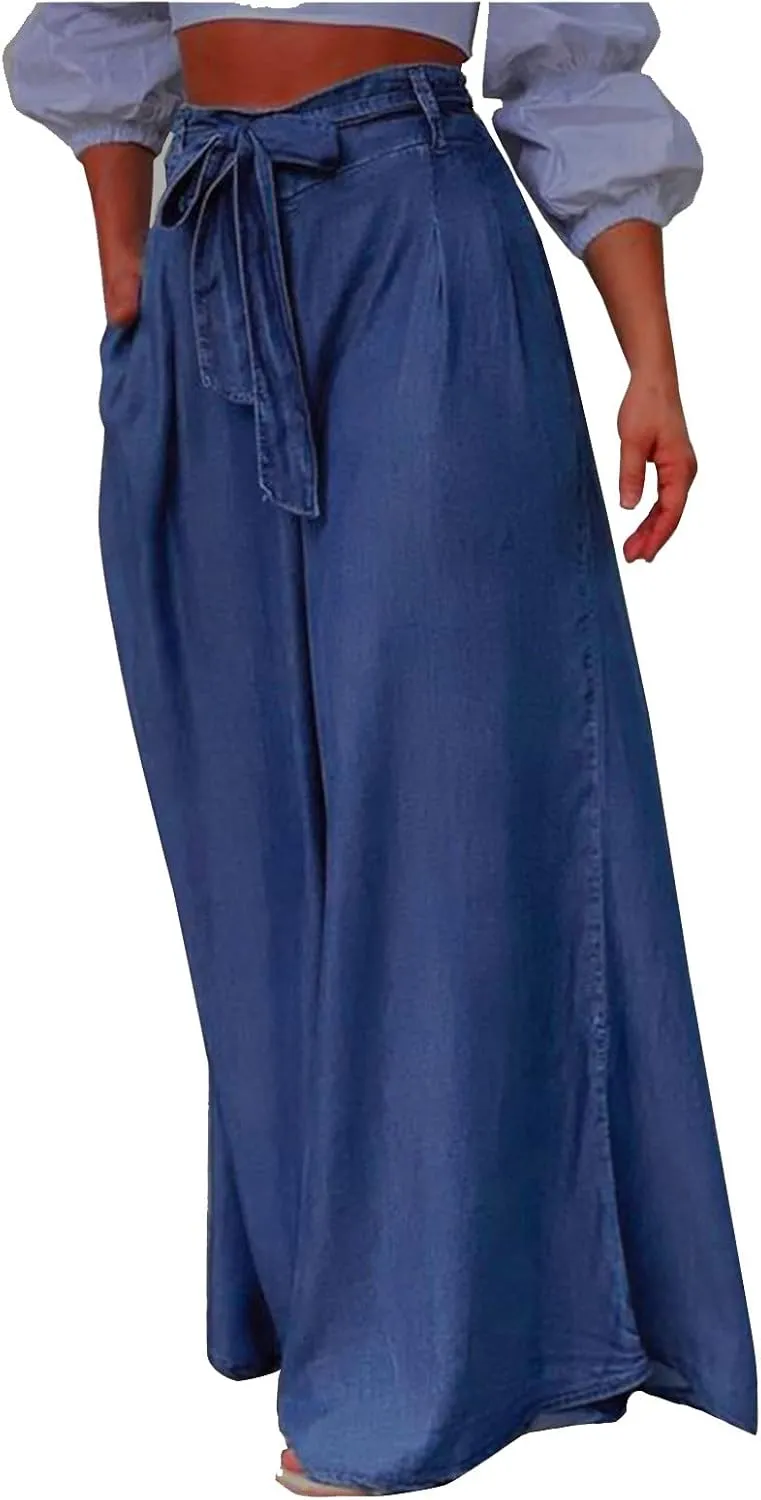 Long Palazzo Pants Jeans for Women Trendy 2024 High Waist Plus Size Loose Pants Lightweight Baggy Flared Denim Pants