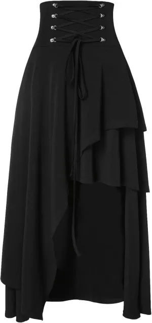 Long Skirts for Women High Waist Renaissance Skirt Casual Asymmetry Ruffle Pleated Fall Maxi Skirts Party Dress