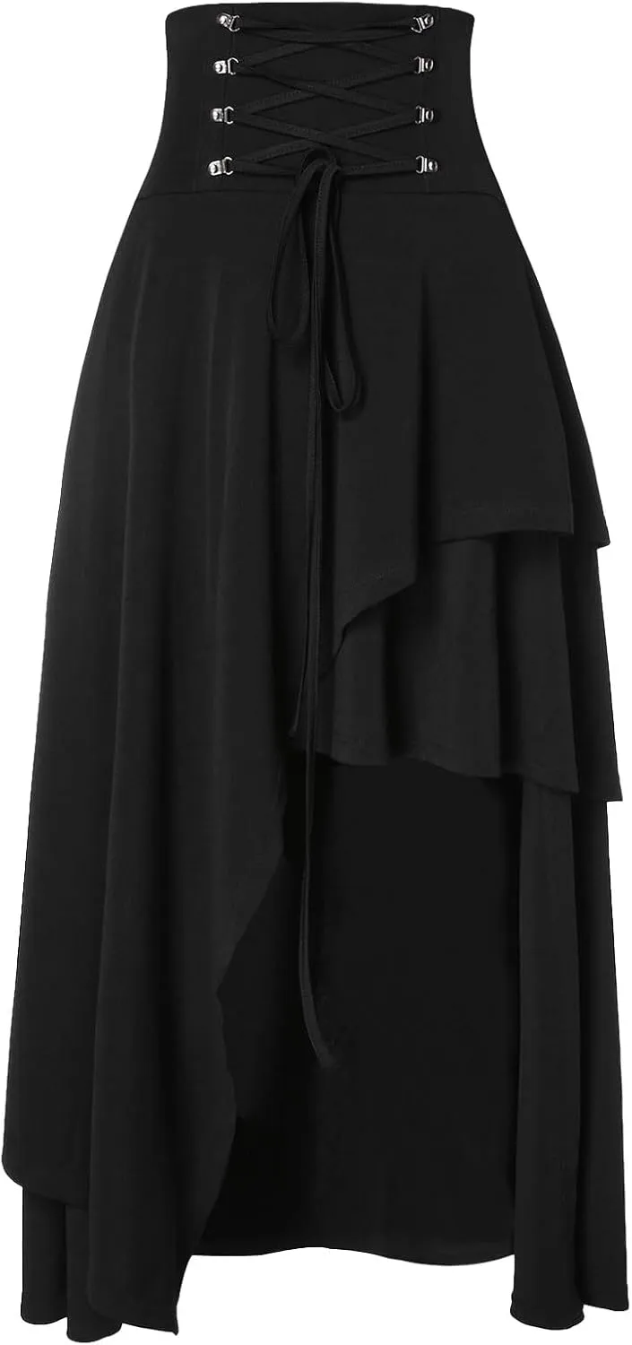 Long Skirts for Women High Waist Renaissance Skirt Casual Asymmetry Ruffle Pleated Fall Maxi Skirts Party Dress