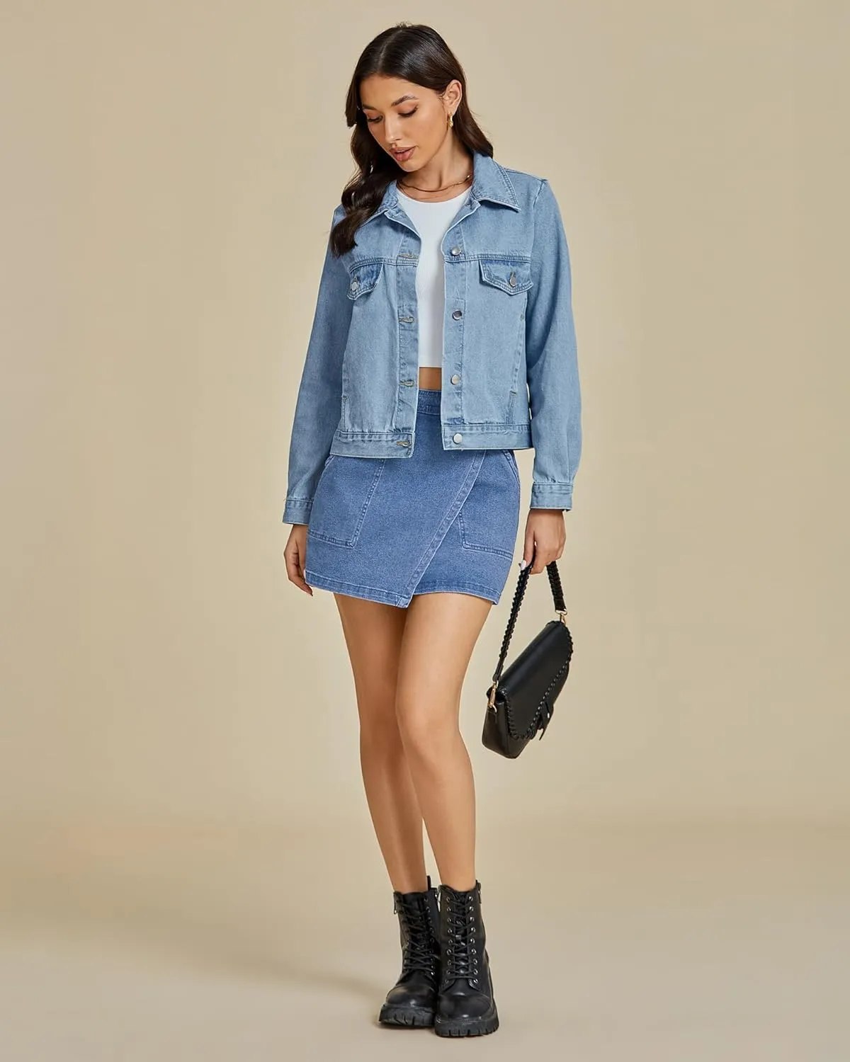 luvamia Jean Skirts for Women Denim Mini Trendy High Waisted Stretchy Asymmetrical Faux Wrap Short Skirt with Pockets