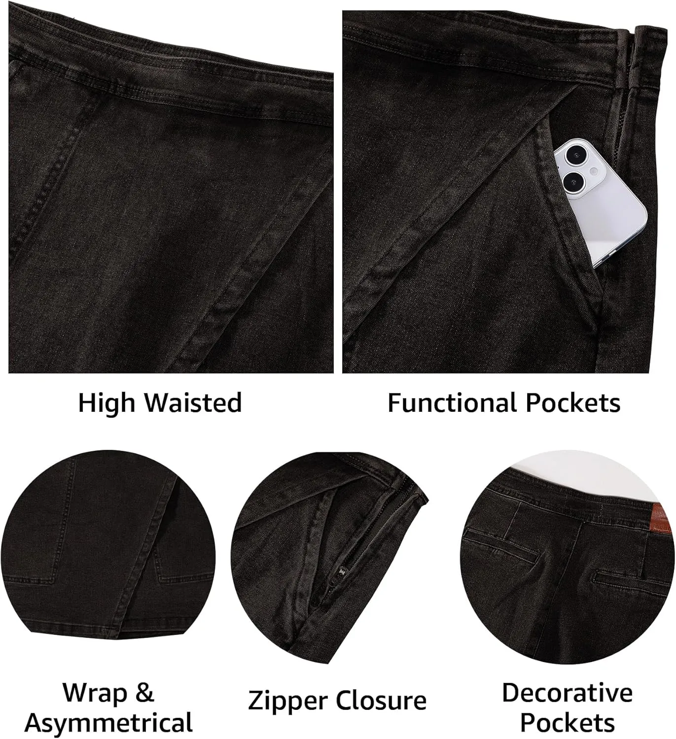 luvamia Jean Skirts for Women Denim Mini Trendy High Waisted Stretchy Asymmetrical Faux Wrap Short Skirt with Pockets