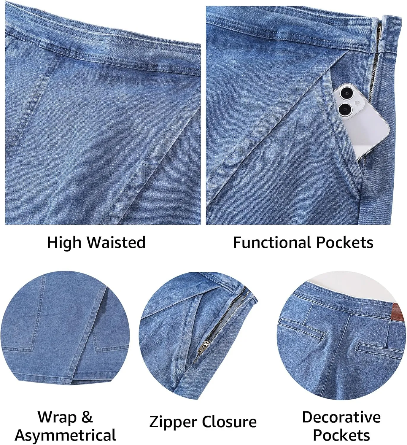 luvamia Jean Skirts for Women Denim Mini Trendy High Waisted Stretchy Asymmetrical Faux Wrap Short Skirt with Pockets