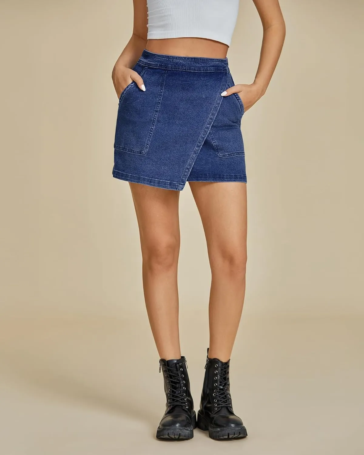 luvamia Jean Skirts for Women Denim Mini Trendy High Waisted Stretchy Asymmetrical Faux Wrap Short Skirt with Pockets