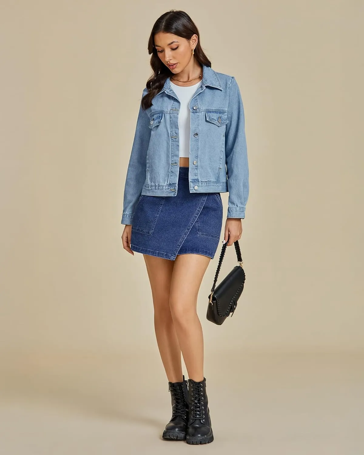 luvamia Jean Skirts for Women Denim Mini Trendy High Waisted Stretchy Asymmetrical Faux Wrap Short Skirt with Pockets