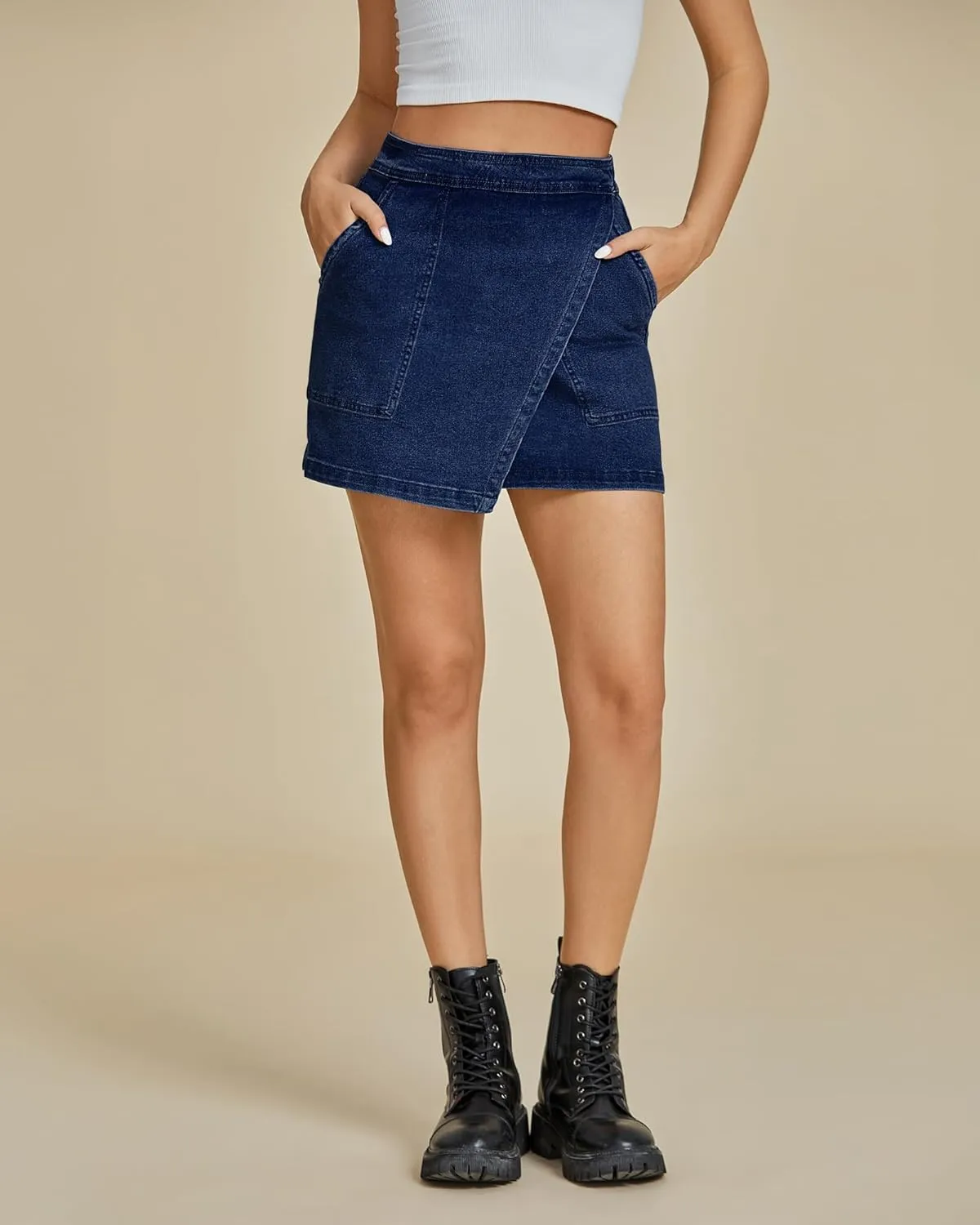 luvamia Jean Skirts for Women Denim Mini Trendy High Waisted Stretchy Asymmetrical Faux Wrap Short Skirt with Pockets