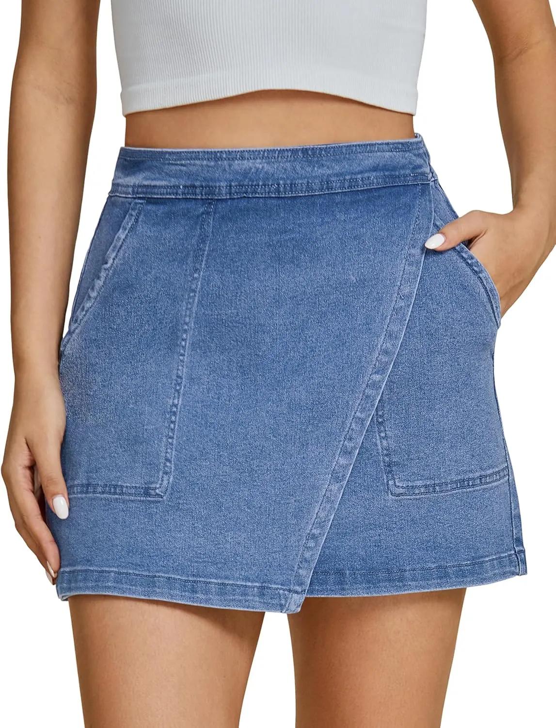 luvamia Jean Skirts for Women Denim Mini Trendy High Waisted Stretchy Asymmetrical Faux Wrap Short Skirt with Pockets