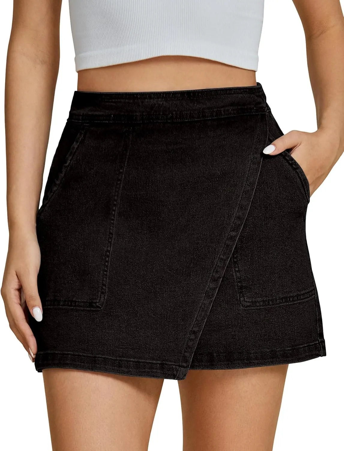 luvamia Jean Skirts for Women Denim Mini Trendy High Waisted Stretchy Asymmetrical Faux Wrap Short Skirt with Pockets