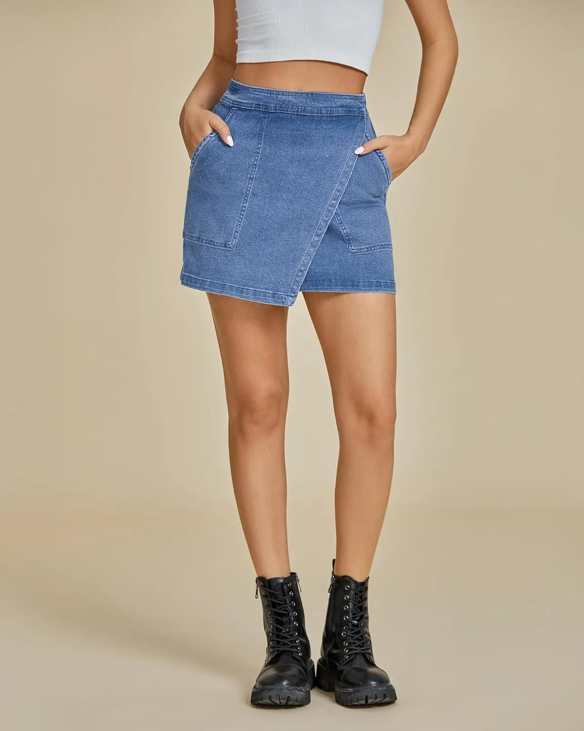 luvamia Jean Skirts for Women Denim Mini Trendy High Waisted Stretchy Asymmetrical Faux Wrap Short Skirt with Pockets
