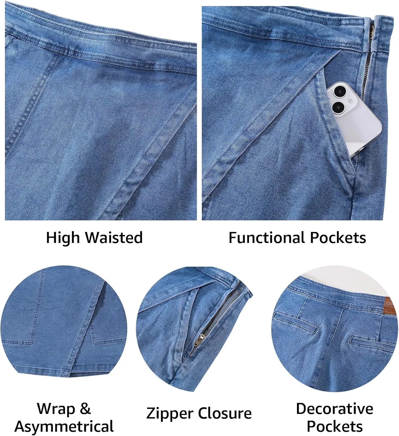 luvamia Jean Skirts for Women Denim Mini Trendy High Waisted Stretchy Asymmetrical Faux Wrap Short Skirt with Pockets