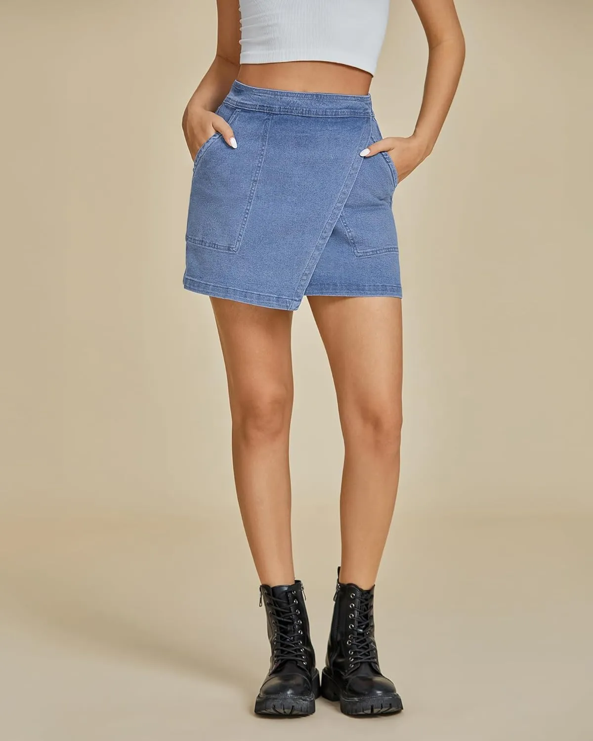 luvamia Jean Skirts for Women Denim Mini Trendy High Waisted Stretchy Asymmetrical Faux Wrap Short Skirt with Pockets
