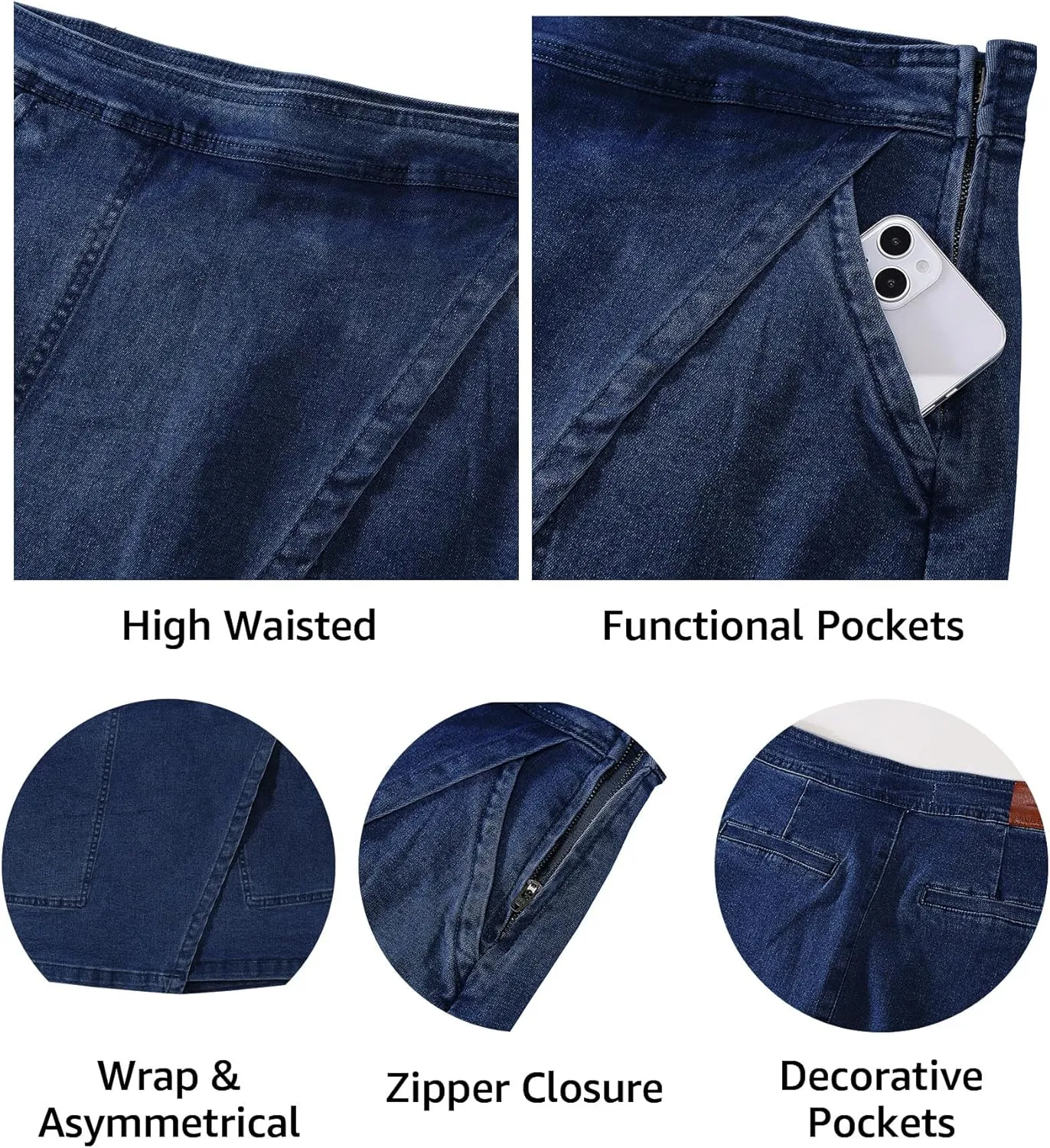 luvamia Jean Skirts for Women Denim Mini Trendy High Waisted Stretchy Asymmetrical Faux Wrap Short Skirt with Pockets