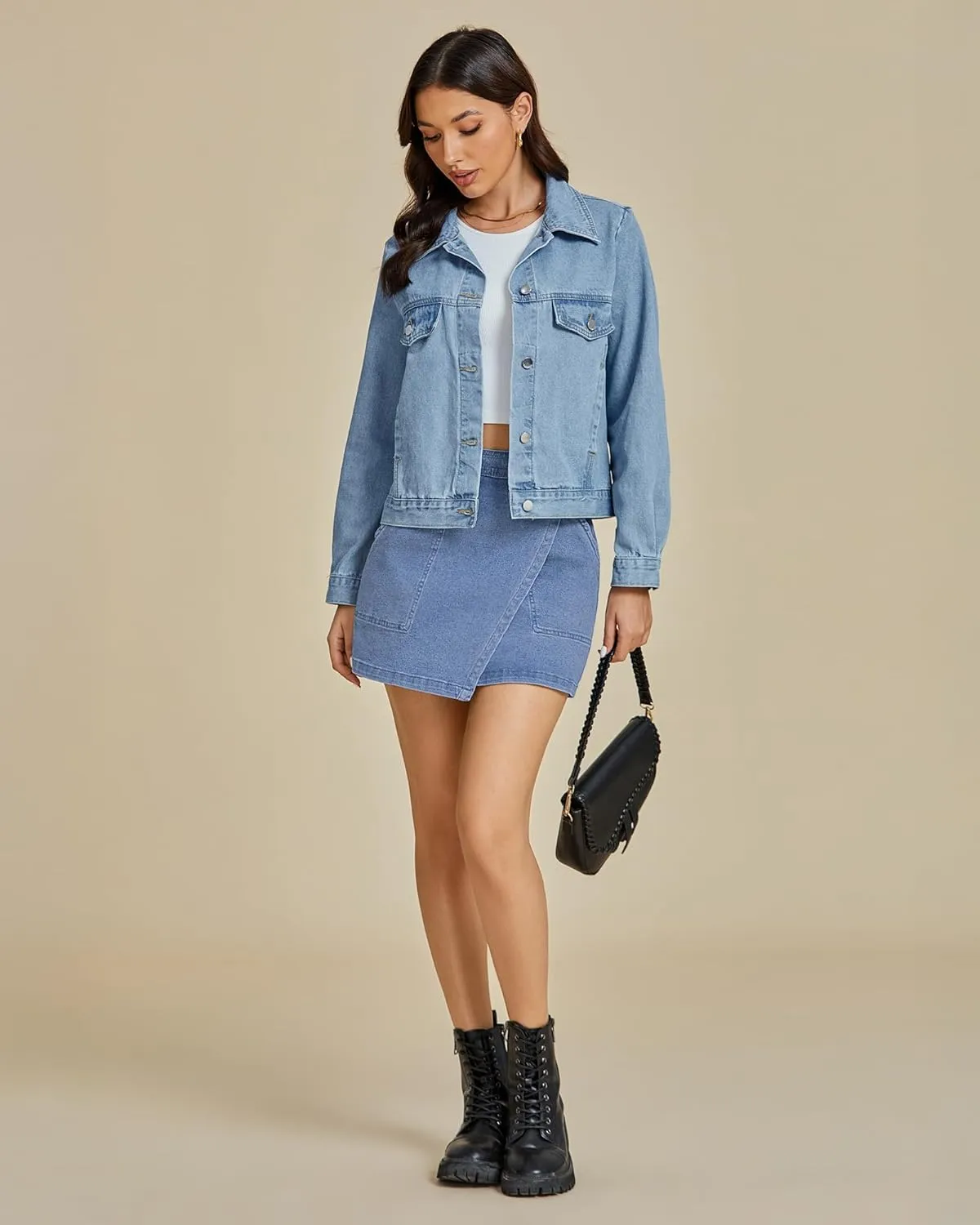 luvamia Jean Skirts for Women Denim Mini Trendy High Waisted Stretchy Asymmetrical Faux Wrap Short Skirt with Pockets