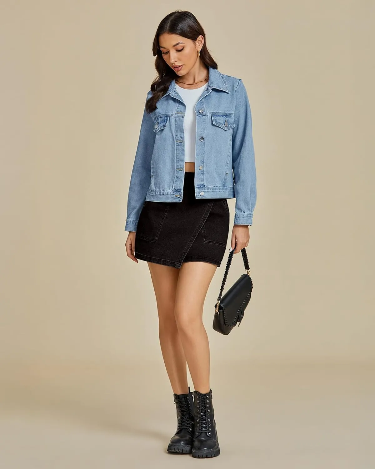 luvamia Jean Skirts for Women Denim Mini Trendy High Waisted Stretchy Asymmetrical Faux Wrap Short Skirt with Pockets