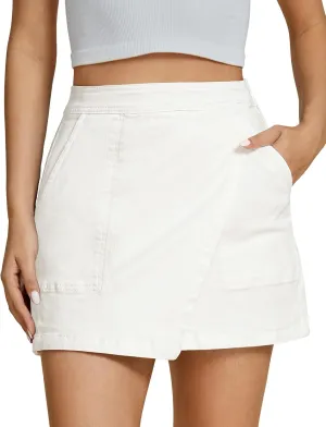 luvamia Jean Skirts for Women Denim Mini Trendy High Waisted Stretchy Asymmetrical Faux Wrap Short Skirt with Pockets