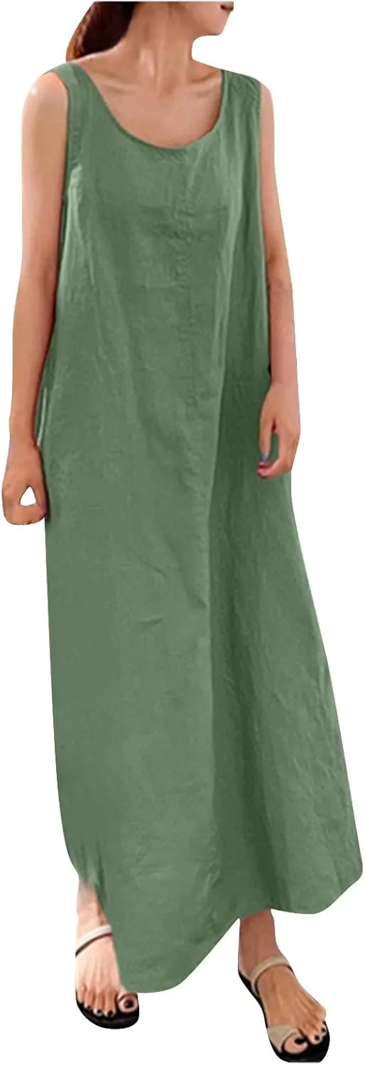 Maxi Dress for Women,2023 Spring Summer Cotton Linen Boho Casual Fashion Sleeveless Dress for Holiday