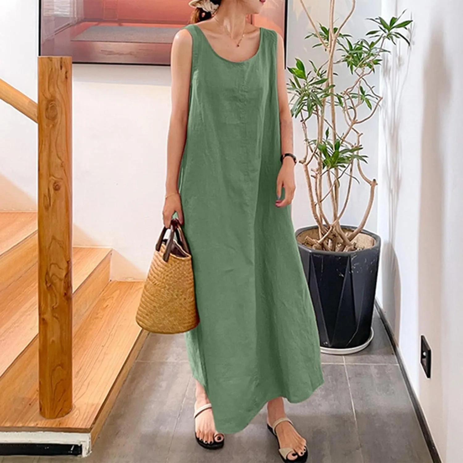Maxi Dress for Women,2023 Spring Summer Cotton Linen Boho Casual Fashion Sleeveless Dress for Holiday