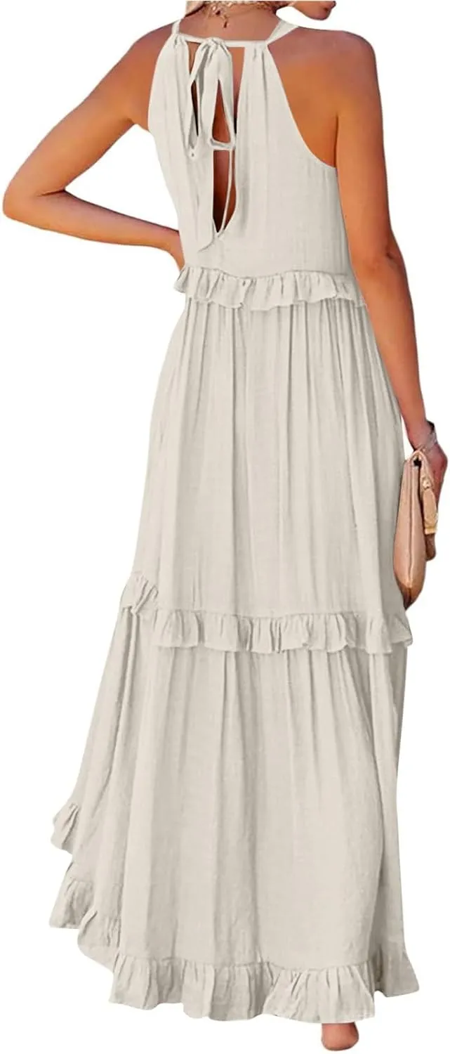 Maxi Dresses for Women 2025 Summer Sleeveless Halter Neck Tea Party Flowy Vacation Tiered Loose Long Dress