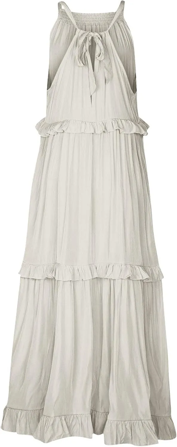 Maxi Dresses for Women 2025 Summer Sleeveless Halter Neck Tea Party Flowy Vacation Tiered Loose Long Dress