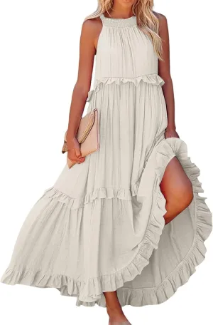 Maxi Dresses for Women 2025 Summer Sleeveless Halter Neck Tea Party Flowy Vacation Tiered Loose Long Dress