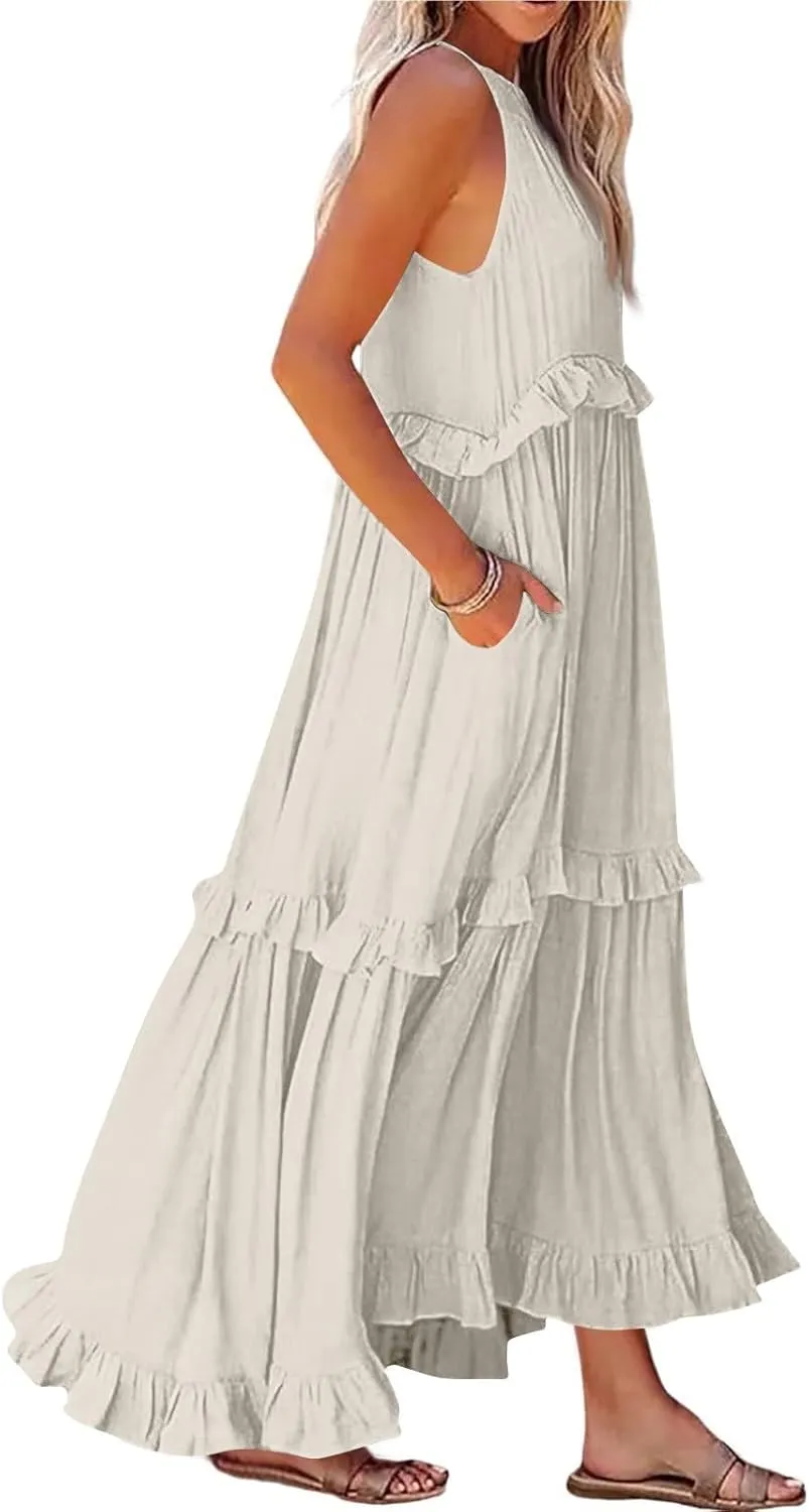 Maxi Dresses for Women 2025 Summer Sleeveless Halter Neck Tea Party Flowy Vacation Tiered Loose Long Dress