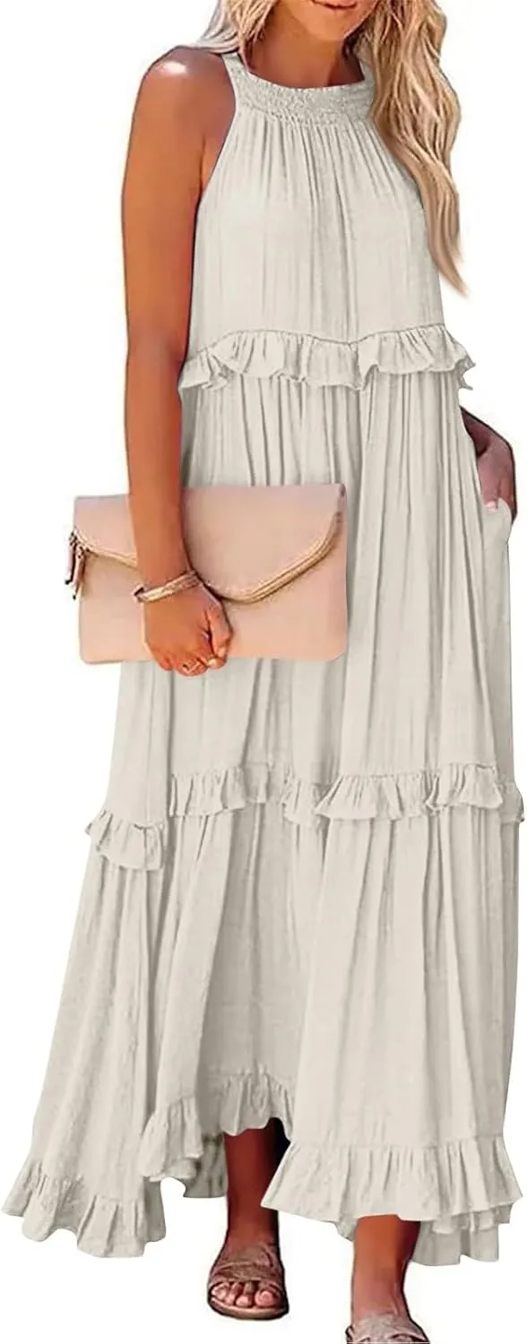 Maxi Dresses for Women 2025 Summer Sleeveless Halter Neck Tea Party Flowy Vacation Tiered Loose Long Dress