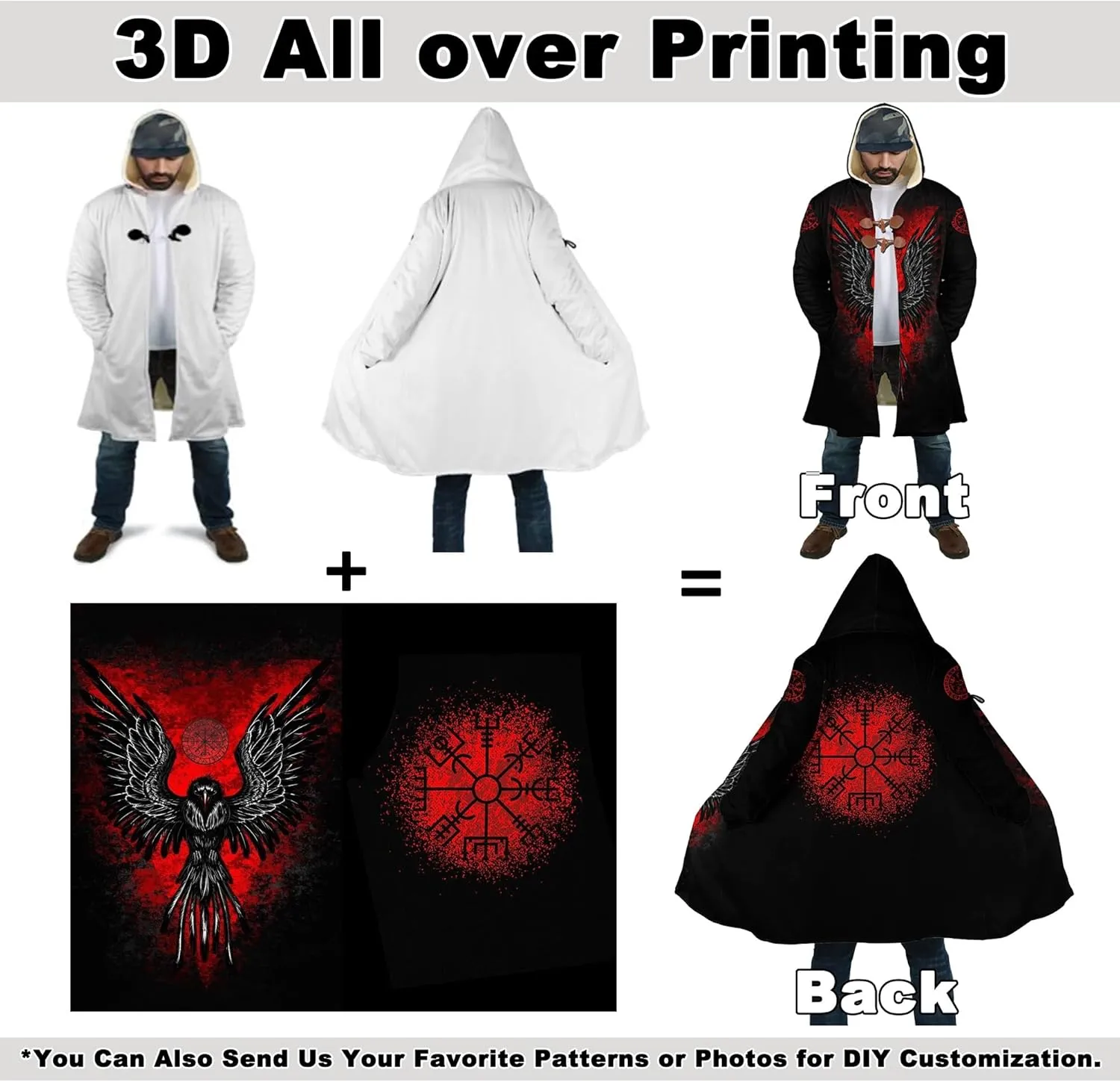 Men's Cashmere Hooded Cloak, 3D Full Print Viking Tattoo, Winter Warm Coat Casual Jacket, Mid-Length Parka, Horn Buckle Robe