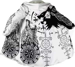 Men's Cashmere Hooded Cloak, 3D Full Print Viking Tattoo, Winter Warm Coat Casual Jacket, Mid-Length Parka, Horn Buckle Robe