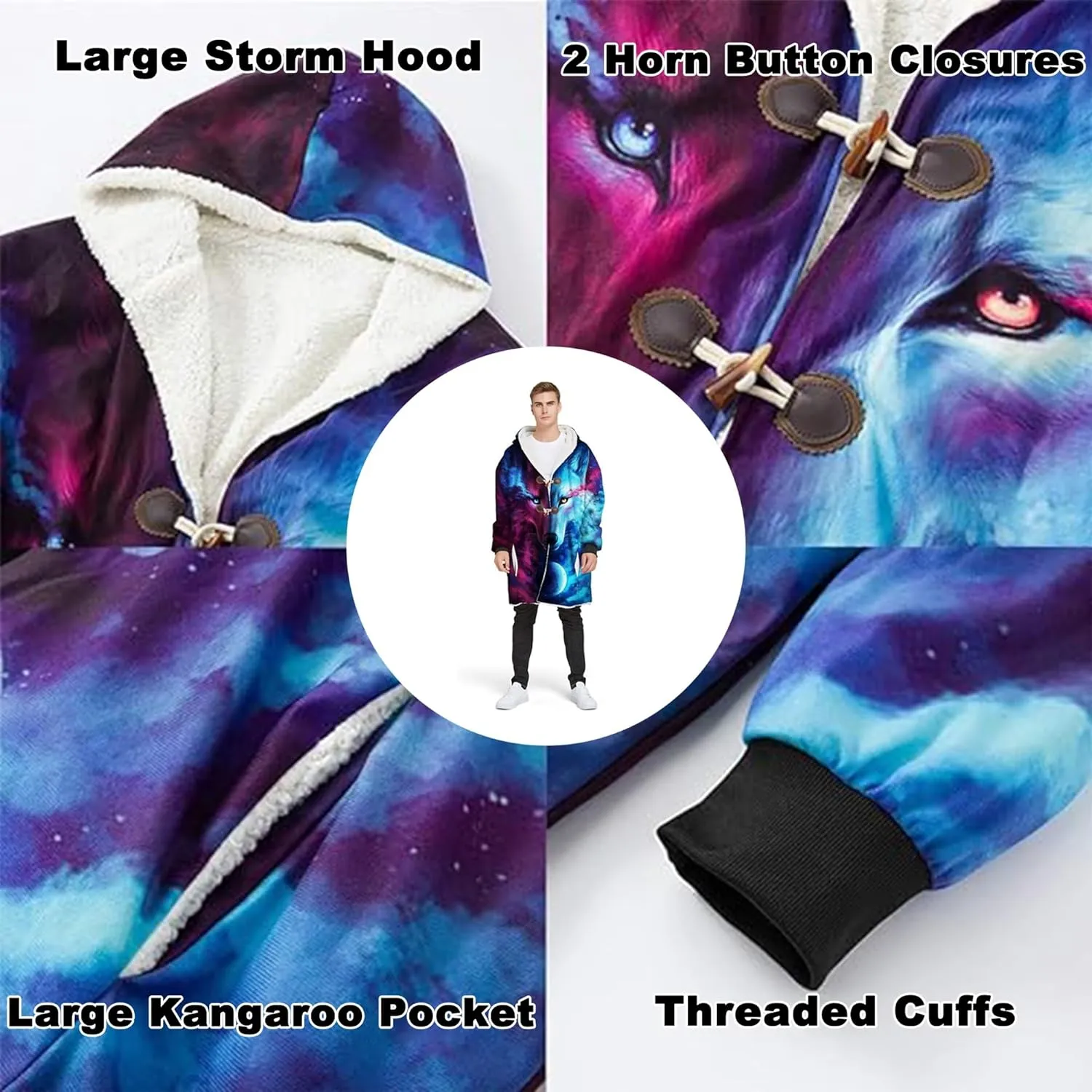 Men's Cashmere Hooded Cloak, 3D Full Print Viking Tattoo, Winter Warm Coat Casual Jacket, Mid-Length Parka, Horn Buckle Robe
