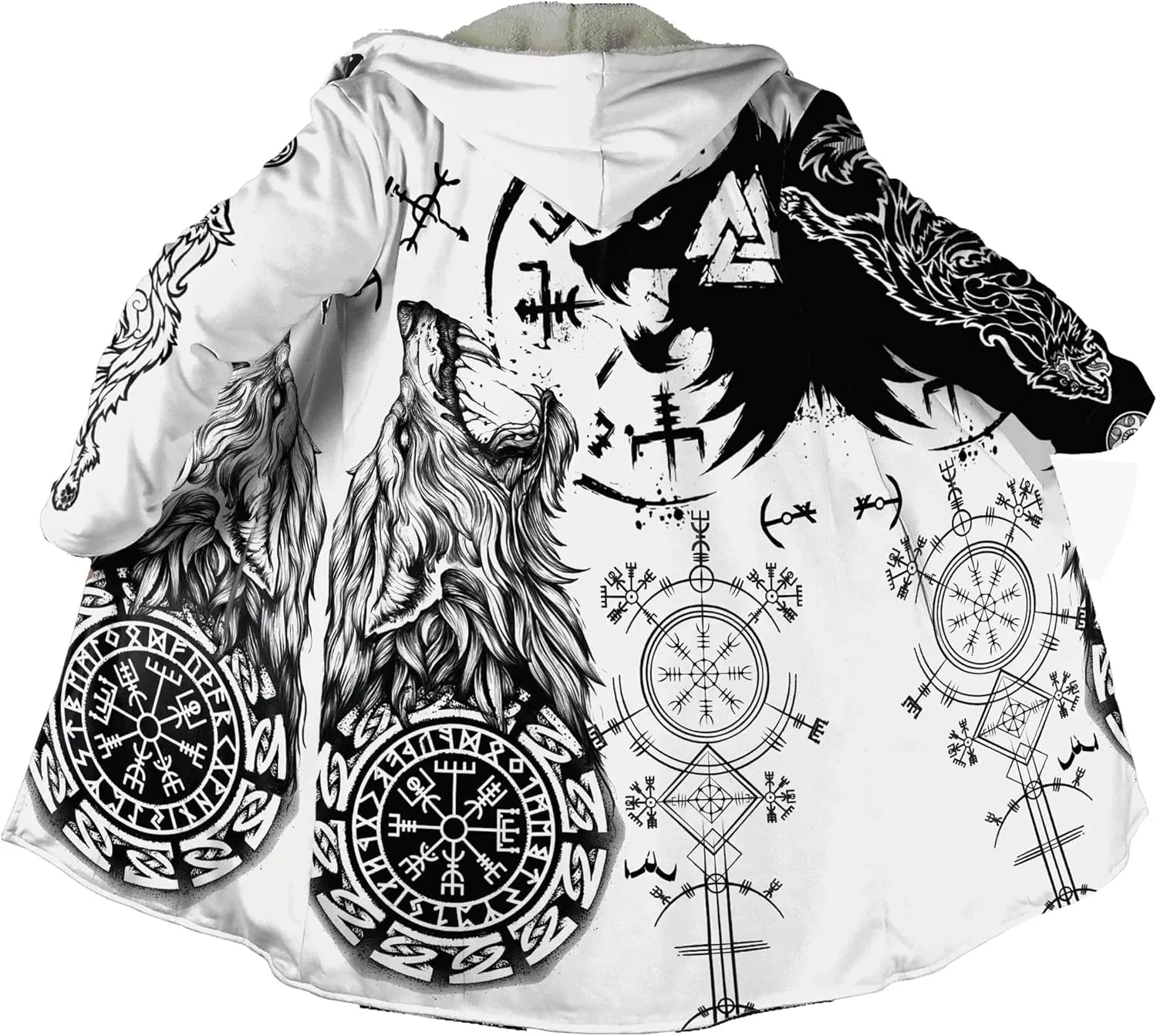 Men's Cashmere Hooded Cloak, 3D Full Print Viking Tattoo, Winter Warm Coat Casual Jacket, Mid-Length Parka, Horn Buckle Robe