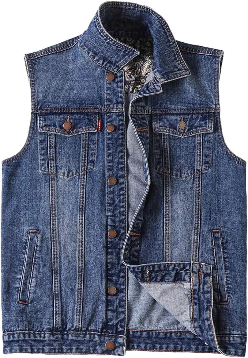 Men's Casual Button Up Denim Vest Vintage Sleeveless Jeans Vest Jacket