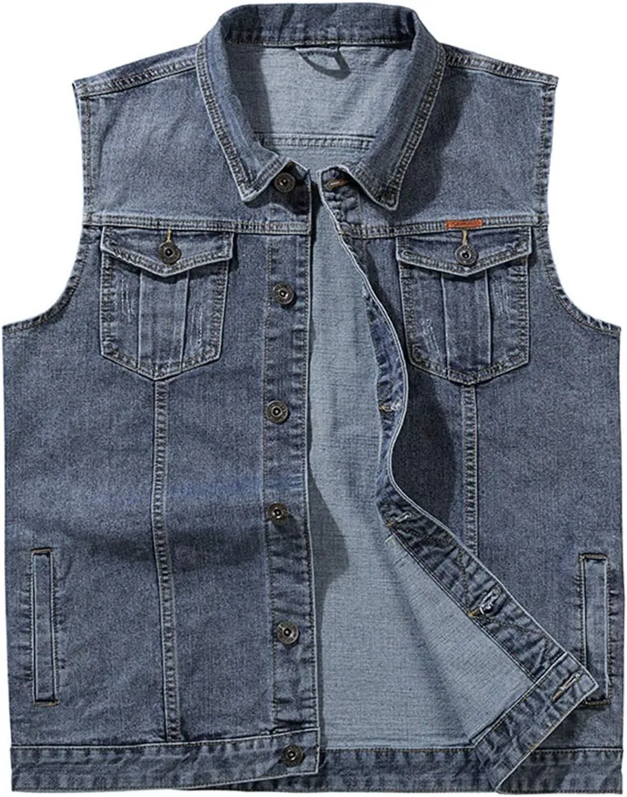 Men's Casual Button Up Denim Vest Vintage Sleeveless Jeans Vest Jacket
