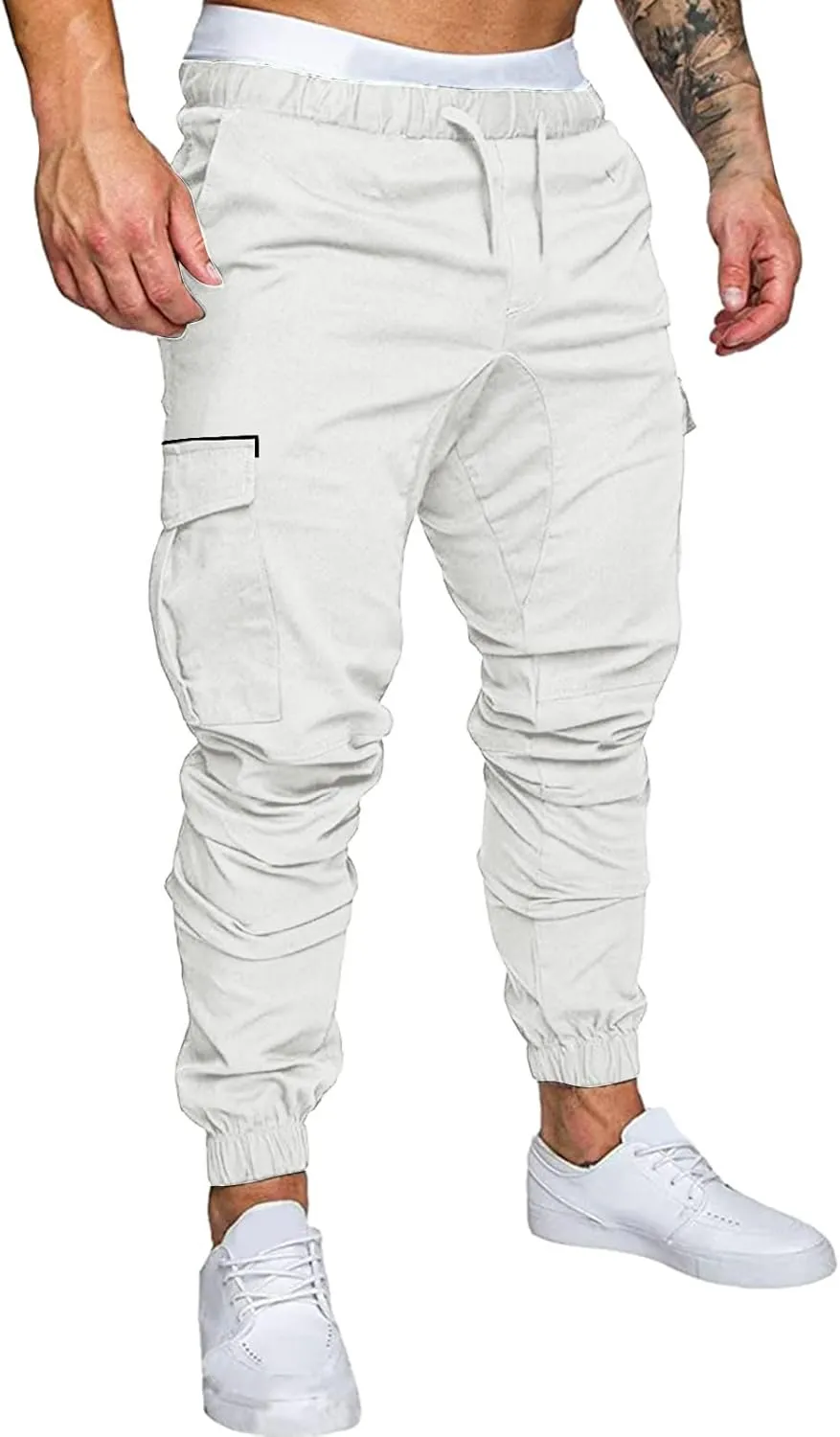 Mens Casual Cotton Cargo Pants Elastic Drawstring Joggers with Pockets Hiking Sweatpants Outdoor Sport Trousers