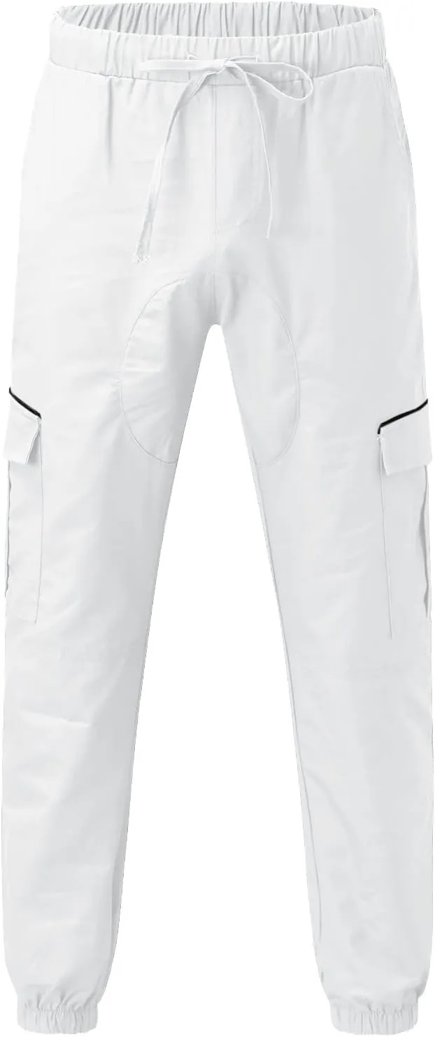 Mens Casual Cotton Cargo Pants Elastic Drawstring Joggers with Pockets Hiking Sweatpants Outdoor Sport Trousers
