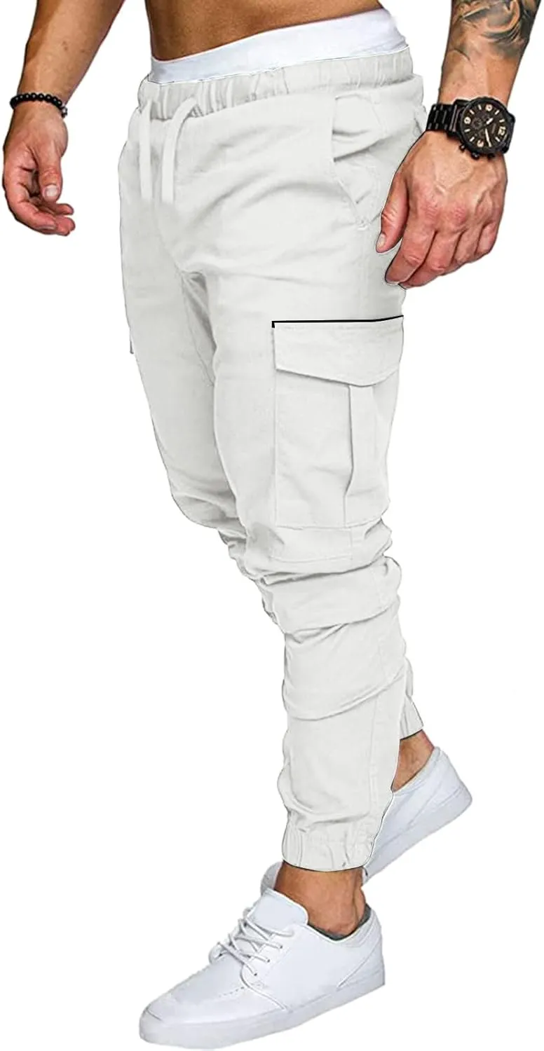 Mens Casual Cotton Cargo Pants Elastic Drawstring Joggers with Pockets Hiking Sweatpants Outdoor Sport Trousers