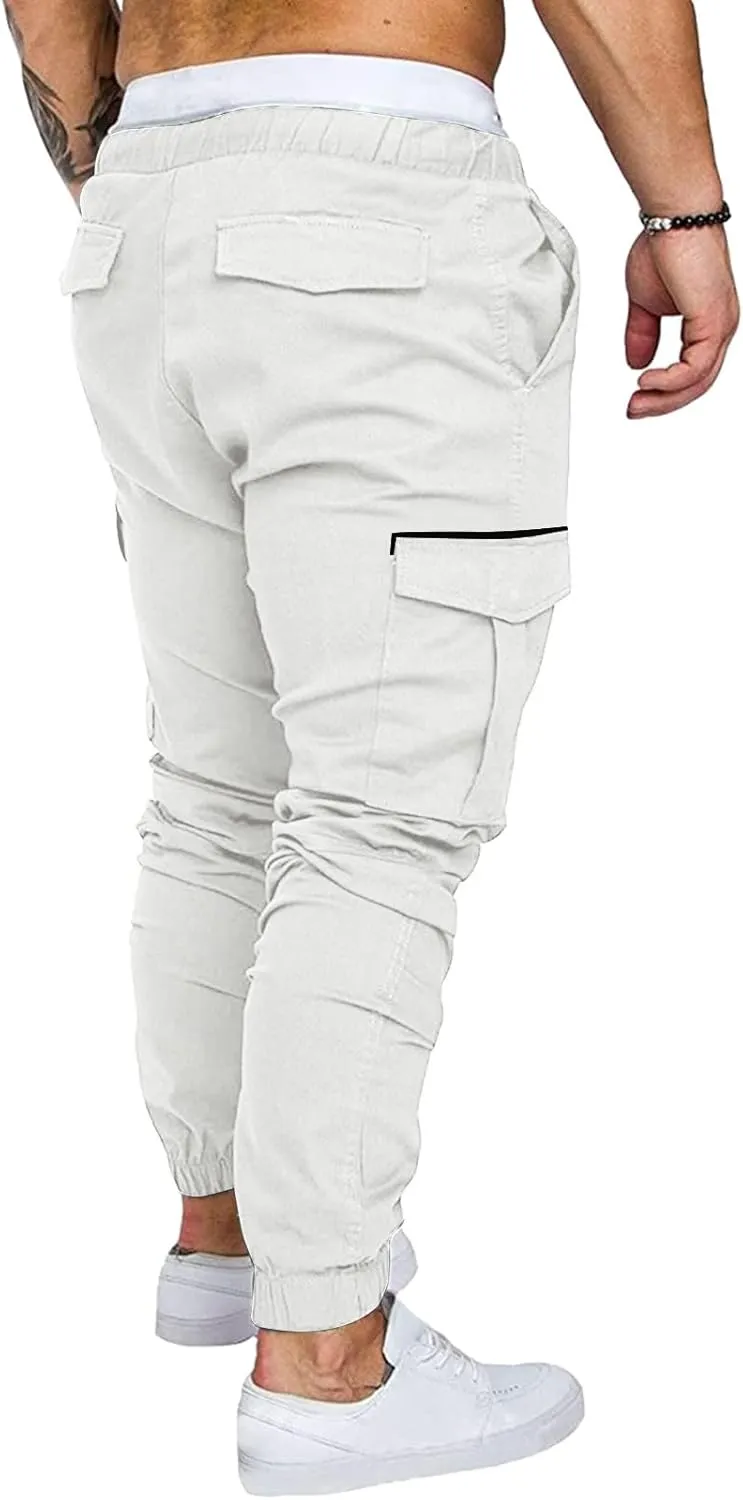 Mens Casual Cotton Cargo Pants Elastic Drawstring Joggers with Pockets Hiking Sweatpants Outdoor Sport Trousers