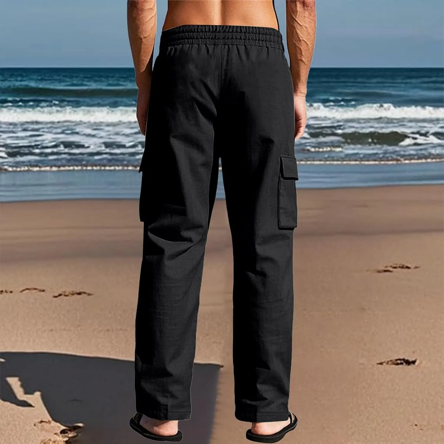Men's Linen Pants Pants for Men Baggy Straight Leg High Waisted Loose Fit Cotton Linen Casual Summer Beach Pant