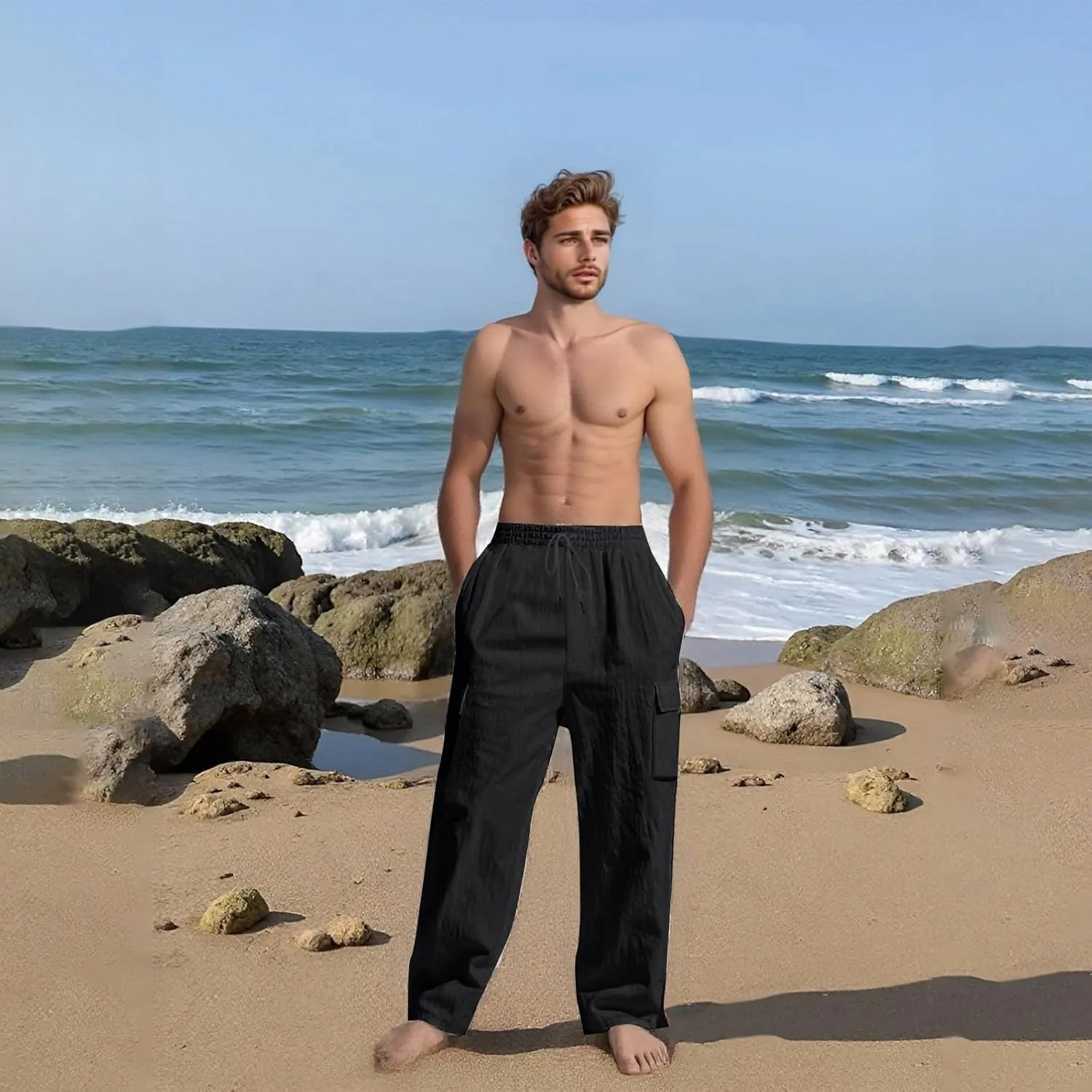 Men's Linen Pants Pants for Men Baggy Straight Leg High Waisted Loose Fit Cotton Linen Casual Summer Beach Pant