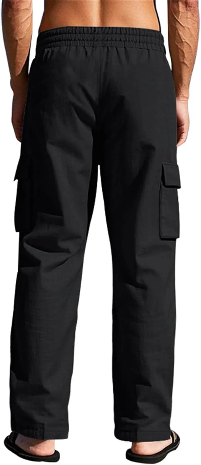 Men's Linen Pants Pants for Men Baggy Straight Leg High Waisted Loose Fit Cotton Linen Casual Summer Beach Pant
