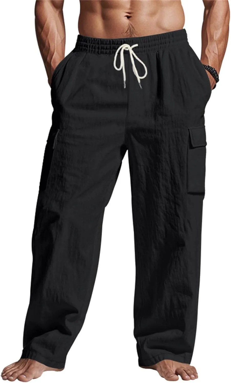 Men's Linen Pants Pants for Men Baggy Straight Leg High Waisted Loose Fit Cotton Linen Casual Summer Beach Pant
