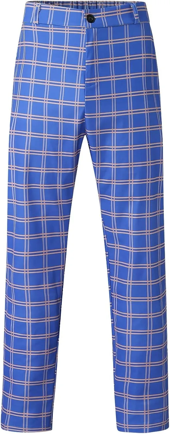 Men's Plaid Slim Fit Dress Pants Stretch Flat-Front Business Casual Pants Skinny Elastic Expandable-Waist Chinos Trousers Blue