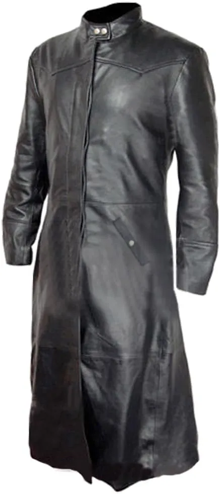 Mens Sexy Real Black Leather Long Matrix Goth Trench Coat Gothic